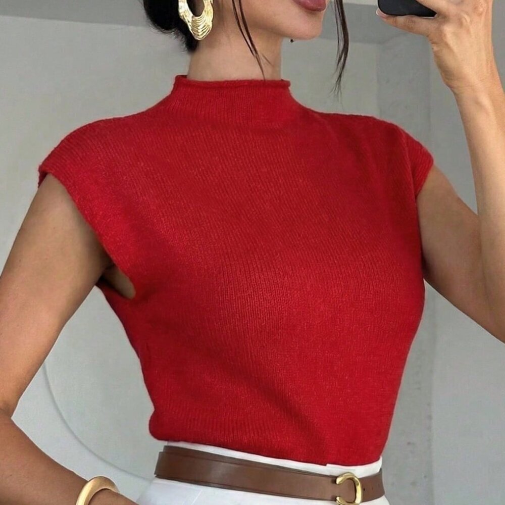 Red Casual Elegant Women's High Neck Knit Sleeveless Sweater Vest - Picture 6 of 7